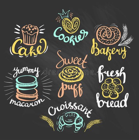 Chalk Art Coffee, Bakery Labels, Chalkboard Illustration, Burger Drawing, Bakery Logos, Starbucks Art, Bakery Sign, Bakery Decor, Bakery Menu