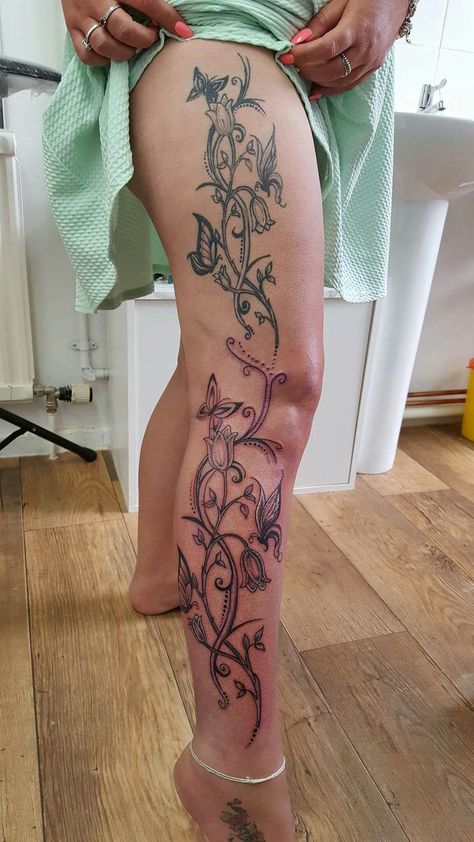 Wrap Around Leg Tattoo Women, Side Leg Tattoo, Inner Bicep Tattoo, Cute Thigh Tattoos, Full Leg Tattoos, Henna Tattoo Designs Hand, Hip Tattoos Women, Tattoo Life, Spooky Tattoos