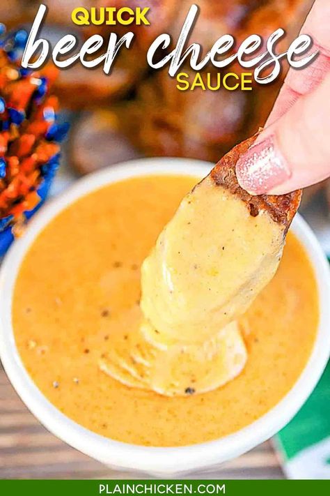 Beer Cheese Sauce - CRAZY good! Beer, cheese, flour, Worcestershire sauce, dry mustard, and paprika. Takes less than 5 minutes to make. Tastes just like the beer cheese sauce from our favorite Irish pub. Great with grilled sausages and pretzels!! Use gluten-free beer and cornstarch for a gluten-free dip! #dip #beer #cheese #sauce #gameday Beer Cheese For Burgers, Heart Appetizers, Beer Pub Cheese Dip, The Best Beer Cheese Dip, Beer Cheese Dip For Pretzels, Quick Beer Cheese Dip, Sausage Beer Cheese Dip, Beer Cheese Sauce For Pretzels, Cheese Sauce For Steak