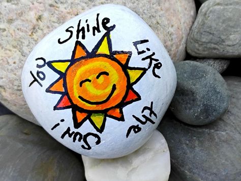 https://artistryofcyn.etsy.com/listing/1769338400  #sunshine #sun #solar #handpainted #artrock #artistryofcyn #gardenrock #sunpainting #youshinelikethesun Sunshine Painted Rocks, Rock Animals, The Sun Will Rise, Kindness Projects, Rock Designs, Inspirational Rocks, Sun Solar, Night Sky Painting, Paint Rocks