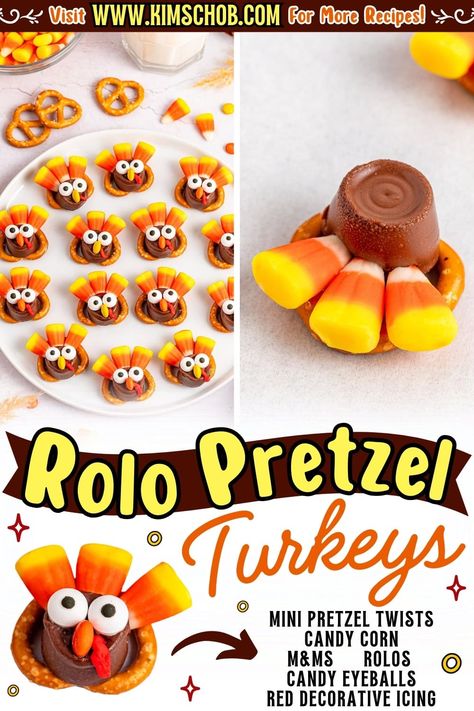 Mini pretzel turkeys with candy corn, M&amp;Ms, Rolos, and candy eyeballs, displayed on a white background. Turkey Pretzels Thanksgiving, Easy Thanksgiving Food For Kids, Easy Thanksgiving Snacks For Kids, Thanksgiving Appetizers Kids, Kid Friendly Thanksgiving Food, Thanksgiving Kids Treats, Thanksgiving Snacks For Kids, Turkey Pretzels, Pretzel Turkeys