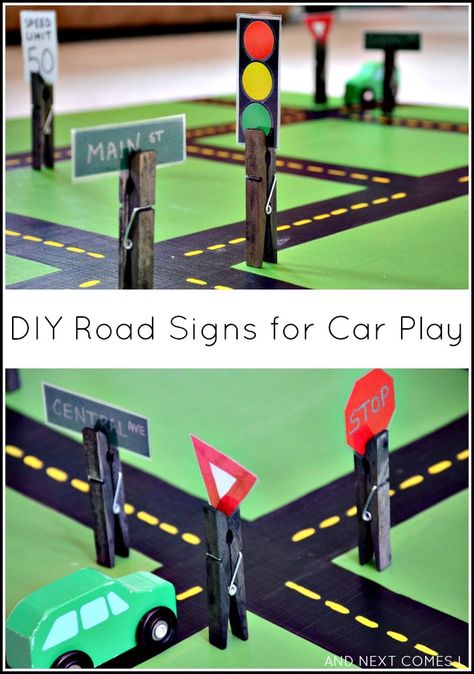 DIY road signs for car play that are interchangeable and great for fine motor development from And Next Comes L Diy Road Signs, Vehicle Activities, Toy Road, Transportation Preschool, Block Area, Transportation Theme, Homemade Toys, Cardboard House, Small World Play