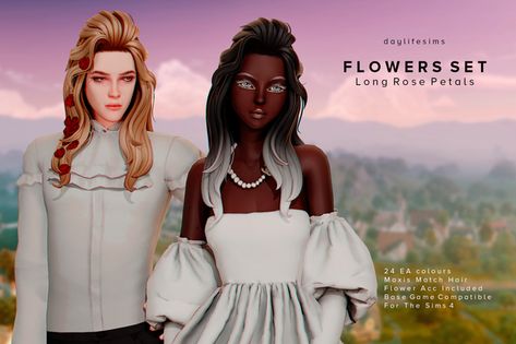 FLOWERS HAIR SET - Long Rose Petals Hair | Daylife Sims on Patreon Daylife Sims, Sims 4 Decades Challenge, Sims 4 Patreon, Sims 4 Anime, Sims 4 Mm Cc, Hair Set, Sims 4 Characters, Sims 4 Mm, Sims Hair