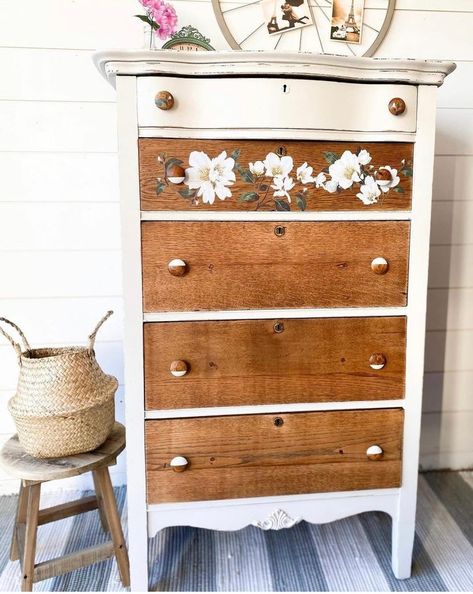 Refinished White Dresser, Raw Wood Dresser, Tall Dresser Makeover, White Antique Dresser, Tall Dresser Decor, Painting Old Furniture, House Flip, Dresser Refinish, Dresser Redo