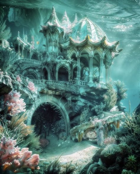 Siren Kingdom, Mermaid City, Undersea Kingdom, Mermaid Castle, Shadow Magic, Mermaid Stories, Fantasy Background, Mermaid Aesthetic, Temple Art