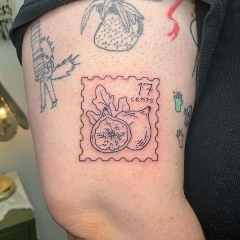 Stamp Tattoo Strawberry, Strawberry Postage Stamp Tattoo, Cherry Stamp Tattoo, Fruity Tattoos, Strawberry Stamp Tattoo, Strawberry Tattoo Minimalist, Strawberry Tattoos, Strawberry Tattoo, Stamp Tattoo