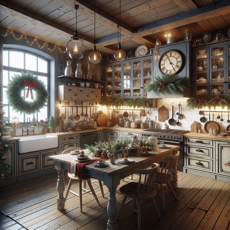 A large farmhouse-style sink and reclaimed wood cabinets share space with sleek stainless steel appliances. Vintage decorations like an old timey wall clock and antique tea tins invigorate the space. A large wreath hangs proudly on the kitchen door, and twinkling Christmas lights adorn the window seals. A rustic wooden dining table in the center of the room hosts a centerpiece of evergreen branches, pine cones, and red Christmas bows. Tavern Kitchen Decor, Tavern Core, Old Money Holiday, Tavern Kitchen, Cozy Christmas Kitchen, Christmas Kitchen Decor Ideas, Kitchen Decor Ideas, Warm Lighting, Christmas Kitchen Decor