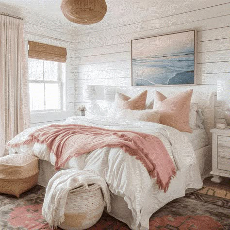 Tranquil White Coastal Bedroom with Pink Accents [Room Inspiration] Coral Themed Bedroom, Pink Costal Bedroom, Florida Girl Bedroom, Girls Coastal Bedroom, Coastal Pink Bedroom, Pink Beach Bedroom, Pink Room Decor Ideas Bedrooms, Pastel Boho Bedroom, Pink Beachy Room