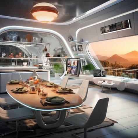 Futuristic Home Exterior, Scifi Kitchen, Studio Apartment Modern, Futuristic Dining Room, Futuristic Cafe, Futuristic Room Design, Playful Interior Design, Cyberpunk Interior Design, Futuristic Kitchen Design