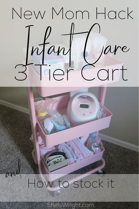 Use a 3 tier craft cart to keep your baby supplies organized. Great to keep breastfeeding and diapering supplies within arms reach Nursery 3 Tier Cart, Nursing Cart Organizer Ideas, 3 Tier Cart Post Partum, Nursery Caddy Cart, Pumping Station Cart, 3 Tier Rolling Cart Ideas Baby, Baby Cart Organizer, 3 Tier Cart Organization Baby, Cart For Baby Supplies