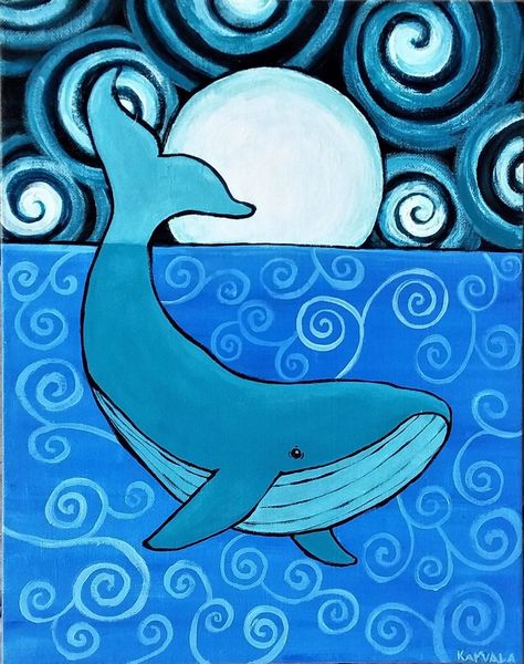 Framed Original Acrylic Whale Painting, Stylized Whale Painting, Blue Whale Painting, Canvas Whale Painting, Contemporary Coastal Art - Etsy Painting On Blue Canvas, Art Projects On Canvas, Child Painting Ideas For Kids, Whale Art For Kids, Whale Painting Easy, Whale Painting Acrylic, Blue Painting Ideas Easy, Blue Whale Painting, Blue Painting Ideas