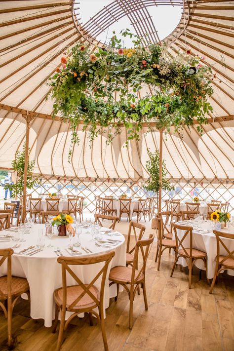 Yurt Wedding Receptions, Yurt Wedding Decorations, Yurt Decor, Wedding Yurt, Yurt Wedding, Yurt Interior, Hanging Centerpiece, Field Wedding, Marquee Hire