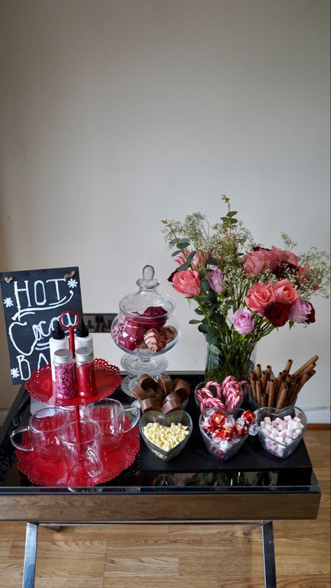 Hot Cocoa Bar Valentines Hot Cocoa, Valentines Baby Shower, Bar Setup, Hot Chocolate Bar, Baking Business, Hot Cocoa Bar, Flower Molding, Hot Chocolate Bars, Cocoa Bar