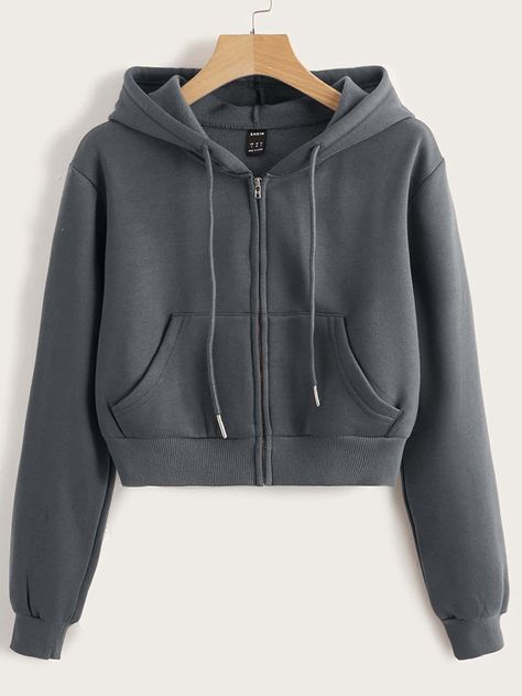 Dark Grey Casual  Long Sleeve Polyester Plain Zip Up Embellished Non-Stretch Spring/Fall Women Sweatshirts Gray Zip Up, Gray Zipper Sweatshirt, Gray Sweater Zip Up, Dark Grey Zip Up Hoodie, School Shopping Clothes, Zip Up Sweaters, Grey Zip Hoodie, Cold Shoulder Sweatshirt, Big Hoodies