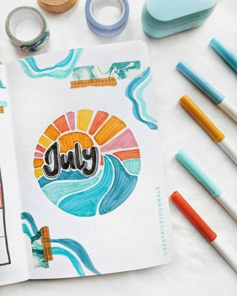 Bullet Journal Ideas July, Journal Ideas July, Summer Bullet Journal Cover, Summer Bullet Journal Ideas, Summer Bullet Journal, July Bullet Journal, Bullet Journal Month, Bullet Journal Cover, Bullet Journal Spreads