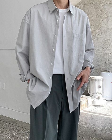 Simple Korean Outfits, Long Sleeve Polo Outfit, Outfit Cowok, Shirt Korean Style, Long Sleeve Linen Shirt, Korean Street Fashion Men, Denim Outfit Men, Polo Shirt Outfits, Aesthetic Outfits Men