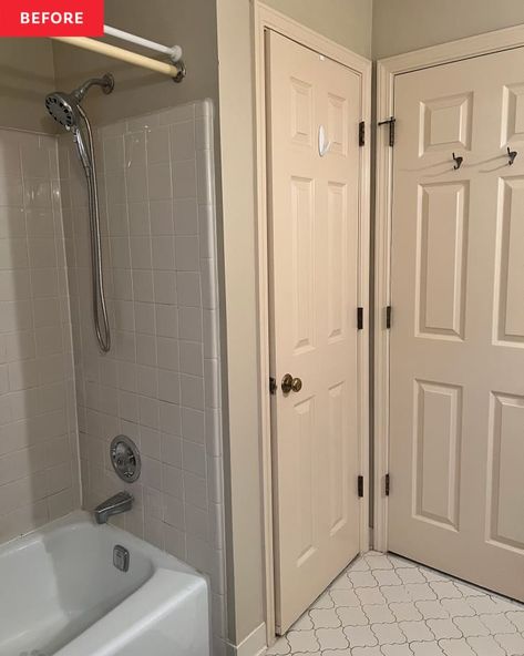 90s Bathroom Update Master Bath, Bathfitters Before And After, Bathroom Before And After, Closet And Bathroom Combo, 70’s Bathroom, Beige Bathroom Tiles, Large Bathroom Cabinets, 1980s Bathroom, Townhouse Bathroom