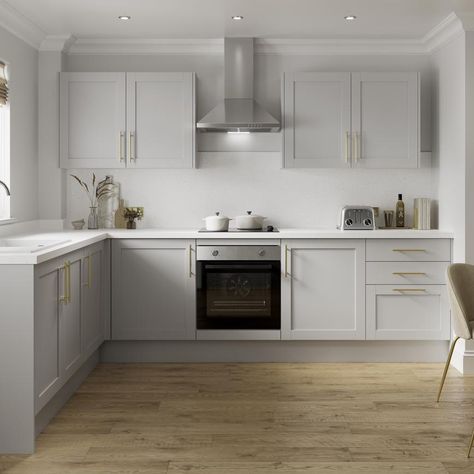 Grey Kitchen Cabinets With Brass Hardware, Grey And White Kitchen With Gold Hardware, Light Grey Kitchen White Worktop, Howdens Grey Kitchen, Grey And Brass Kitchen, Howdens Witney Dove Grey, Kitchens With Wooden Floors, Grey Kitchen Wooden Floor, Light Grey Shaker Kitchen Ideas