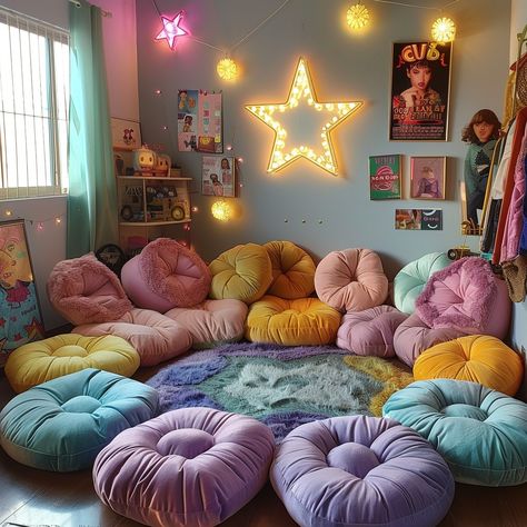 Colorful #Relaxation Nook: A #cozy corner filled with vibrant floor #cushions under a glowing #starlight, creating a warm, inviting atmosphere. #colorful #aiart #aiphoto #stockcake ⬇️ Download and 📝 Prompt 👉 https://stockcake.com/i/colorful-relaxation-nook_849222_242652 Pillow Living Room Floor, Floor Pillows Reading Nook, Pillow Corner Floor, Small Teen Hangout Room, Calm Down Room, Comfy Corner Cozy Nook, Cozy Floor Seating, Relaxation Nook, Meditation Nook