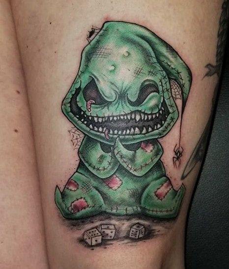 Oogie Boogie Tattoo, Tattoo Nightmares, Halloween Tattoos Sleeve, Tim Burton Tattoo, Nightmare Before Christmas Oogie Boogie, Nightmare Before Christmas Tattoo, Christmas Tattoo, Handpoke Tattoo, Spooky Tattoos