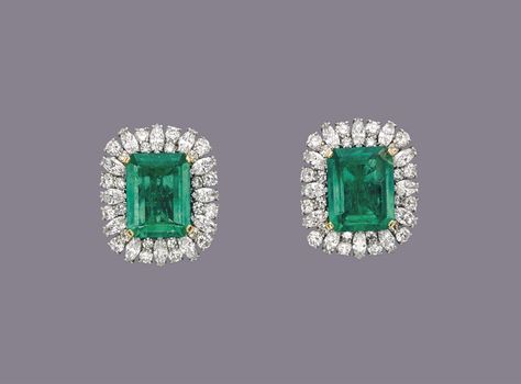 A PAIR OF EMERALD AND DIAMOND EARRINGS, BY BULGARI Each set with an octagonal step-cut emerald within a marquise and circular-cut diamond surround, 3.2 cm, mounted in platinum and gold, one emerald with prominent chip on one corner, and repaired with glue Signed Bvlgari Fine Jewelry Emerald Diamond Earrings, Luxury Brilliant Cut Emerald Earrings, Luxury Emerald Diamond Gemstone Earrings, Luxury Emerald Earrings With Diamond Accents, Luxury Emerald-cut Diamond Earrings For Formal Occasions, Diamond Jhumkas, Emerald And Diamond Earrings, Emerald Earring, Diamond Tops