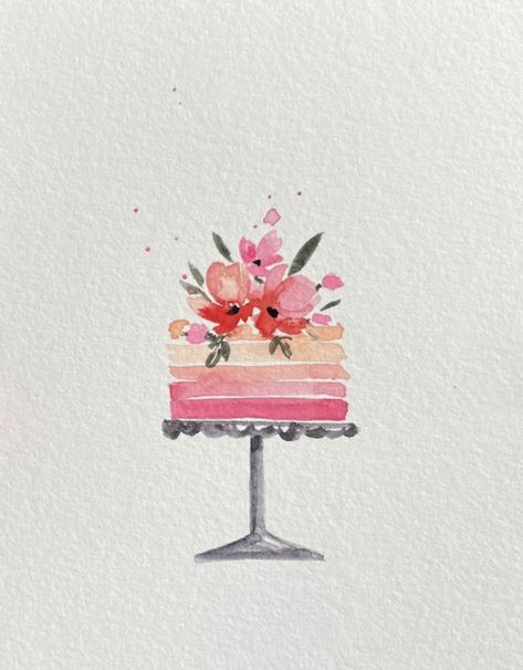 Birthday Cake Watercolor Card, Watercolor Cake Painting Easy, Watercolor Birthday Cakes, Watercolour Cake Painting, Watercolor Art Birthday Card, Watercolor Bday Cards, Birthday Watercolor Painting, Watercolor Cake Painting, Watercolour Birthday Card Ideas