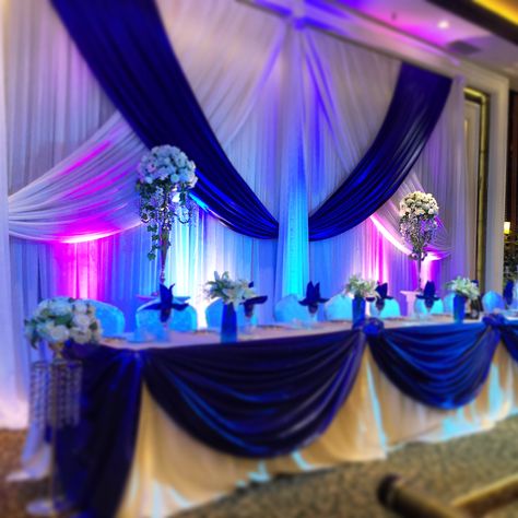 Head table decor & rentals Quince Court Table Blue, Royal Blue Quinceanera Decorations, Quince Court Table, Quince Court, Charro Theme, Centerpieces Vases, Royal Blue Quince, Royal Blue Quinceanera, Blue Purple Wedding