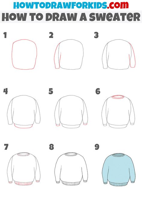 how to draw a sweater step by step Step By Step Drawing Clothes, How To Draw A Sweater, How To Draw Clothes Step By Step, Sweater Drawing, English Drawing, Cloth Drawing, Draw Clothes, Kindergarten Drawing, Random Clothing