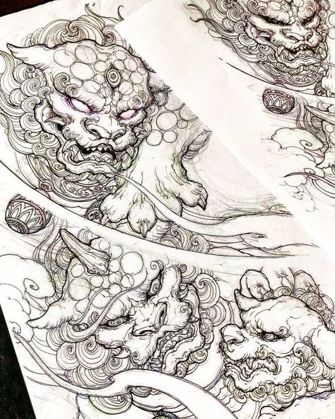 Foo Lion Tattoo, Foo Dog Tattoo Design, Japanese Tattoo Women, Bodysuit Tattoos, Foo Dog Tattoo, Lion Sketch, Kunst Tattoos, Japanese Dragon Tattoos, Fu Dog