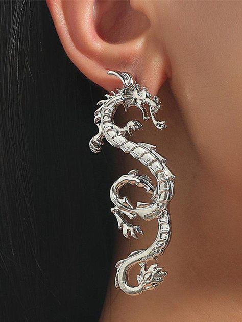 [33% OFF] 2022 Alloy Oriental Dragon Stud Earrings In SILVER | DressLily Chinese Dragon Design, Design Dragon, Dragon Earrings, Vintage Dragon, Dragon Jewelry, Retro Party, Silver Dragon, Animal Earrings, Estilo Punk