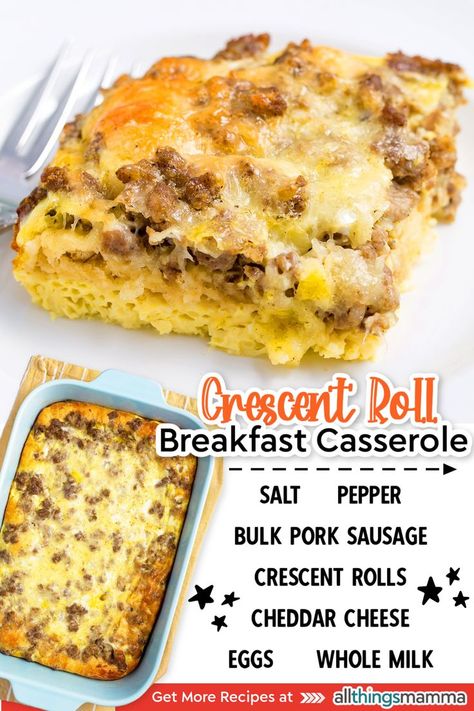 This easy crescent roll breakfast casserole has a soft, puffy crescent roll crust, topped with a layer of cheesy eggs and sausage. Customize it with your favorite add-ins and toppings for a perfect brunch recipe! Pillsbury Crescent Breakfast Casserole, Crescent Roll Crust Recipes, Breakfast Made With Crescent Rolls, Crescent Egg Casserole, Easy Breakfast With Crescent Rolls, Breakfast Casserole With Croissant Rolls, Pillsbury Breakfast Casserole, Creasant Roll Breakfast Ideas, Breakfast Bake With Crescent Rolls