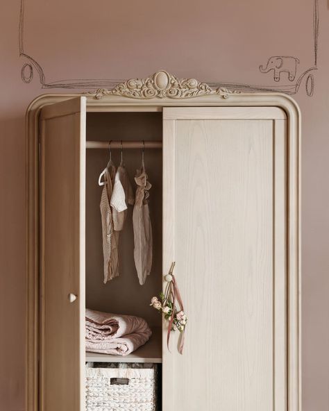 Armoire open in newly designed nursery. Girls Armoire, Nursery Armoire, Parisian Nursery, Leanne Ford Interiors, Kids Armoire, Erin Kelly, Ford Interior, Interiors Photography, Nursery Dresser