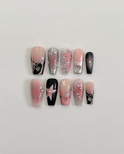 "🖤" Reusable Press on Nails All sets include 10 nail tips and come with an application kit which includes: -Nail file -Cuticle stick  -Nail glue  -Adhesive tabs -Alcohol wipes 💅🏻 MODEL WEARS: Long Coffin ⚠️ IMPORTANT NOTE:  - Please measure both VERTICAL and HORIZONTAL lengths of your nail beds to ensure you order the correct size. 📏 HOW TO MEASURE: 1. Place a tape horizontally across the widest points of your nail and mark both ends. 2. Remove the tape and measure against a ruler * The size Pink Black Nails, Studded Nails, Soft Nails, Press Ons, Hot Nails, Silver Nails, Dream Nails, Nail Charms, Gel Manicure