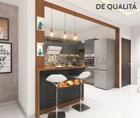 A beautiful breakfast counter fits well in any kind of kitchen whether closed or open. Here is one of our wonderful collections just for you! #modularkitchen #breakfastcounter #pendantlights #DeQualita #interiordesigners #bangaloreinteriors #kitchenlighting #kitchenlayout #kitcheninteriors #kitchendesigns #modular #acrylickitchens Open Kitchen Breakfast Counter, Open Kitchen Ceiling Design, Breakfast Counter In Kitchen Modern, Modular Kitchen With Breakfast Counter, Parallel Kitchen Ideas Indian, Breakfast Counter Design, Breakfast Counter In Kitchen, Kichan Partitions, Open Kitchen With Breakfast Counter