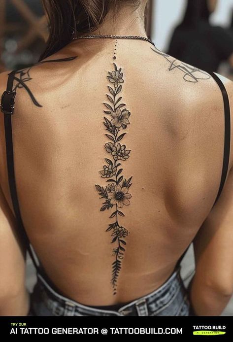 Vine Spine Tattoos for Females - Tattoo Build Vine Down Spine Tattoo, Flower Tattoos With Vines, Turtle Shoulder Tattoos For Women, Spine Tattoos For Women Vines, Wild Flower Spine Tattoo, Spine Tattoos For Women Snake, Spine Tattoo Cover Up Ideas, Flower And Vine Tattoo, Back Tattoo Women Flower