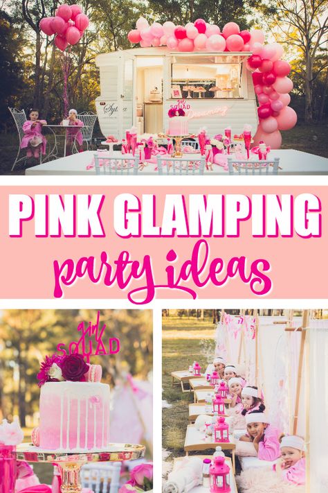 Pretty Pink Glamping Birthday Party on Pretty My Party #prettymyparty #glamping #glampingpartyideas #glampingparty #glampingbirthday Glamping Party Ideas, Pink Party Tables, Hot Pink Cupcakes, Glamping Birthday Party, Smores Party, Glamping Birthday, Pink Party Supplies, Glamping Party, Pink Desserts