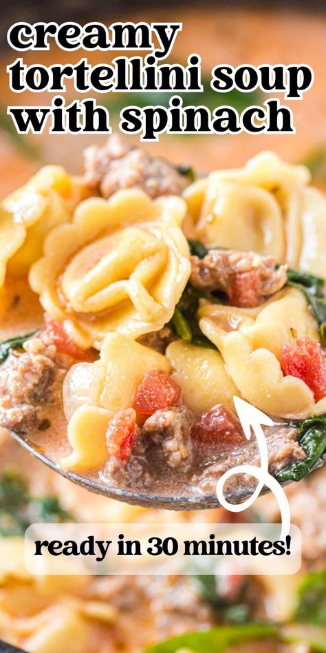 This incredible creamy tortellini soup with spinach is a delicious mix of tomatoes, sausage, and pasta. It's a versatile, easy dinner the family will love! Tortellini Soup With Sausage And Spinach, Easy Ground Italian Sausage Recipes Tortellini Soup, Tortellini Kale Sausage Soup, Tortellini Italian Sausage Soup, Sausage Tortellini Crockpot, Tortellini Sausage Spinach Soup, Sausage Spinach Tortellini Soup, Spinach And Tortellini Soup, Tortellini Spinach Soup