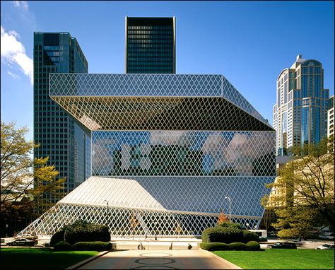 Seattle Library. Rem Koolhaas Architecture, Deconstructivist Architecture, Seattle Library, Seattle Central Library, Seattle Public Library, Guggenheim Museum Bilbao, Unique Library, Deconstructivism, Daniel Libeskind