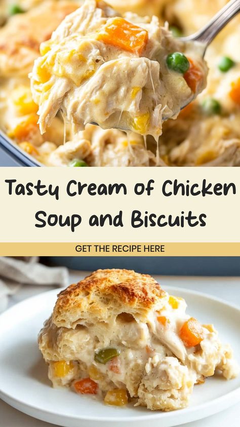 Discover the ultimate comfort food recipe with this creamy and delicious dish featuring cream of chicken soup and biscuits. Perfect for cozy nights in or a comforting family dinner, this easy-to-make meal is sure to become a new favorite. The rich and hearty flavors of the cream of chicken soup pair perfectly with warm and flaky biscuits, creating a satisfying meal that everyone will love. Whether you're looking for a quick weeknight dinner or a tasty weekend treat, this recipe is sure to impres Dinner Ideas Biscuits, Creamy Chicken Over Biscuits, Easy Cream Of Chicken Recipes, Crockpot Cream Of Chicken Recipes, Weekend Dinner Ideas Families, Campbells Cream Of Chicken Recipes, Quick And Easy Dinner Recipes Using Rotisserie Chicken, Chicken And Biscuits Crockpot, Soup And Biscuits