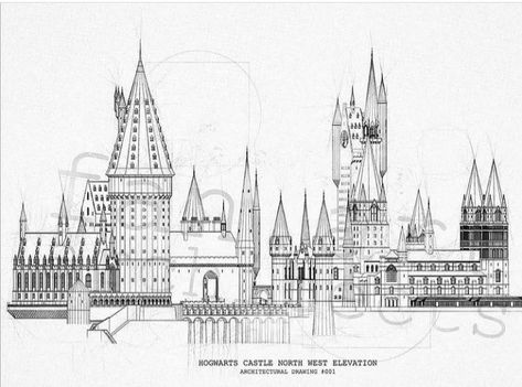 Hogwarts Castle Drawing, Hogwarts Minecraft, Wall Art Harry Potter, Harry Potter Stencils, Fantasy Locations, Harry Potter Pop, Harry Potter Print, Castle Drawing, Architecture Blueprints