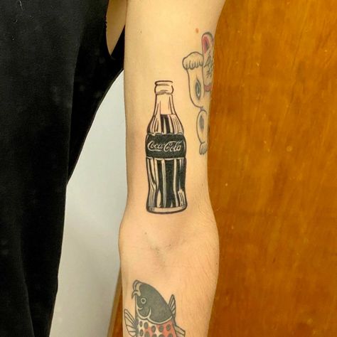 Coke Bottle Tattoo, Coke Tattoo, Foodie Tattoo, Single Tattoos, Bottle Tattoo, Sibling Tattoos, Tattoo Artwork, Tattoo Project, Leg Tattoo