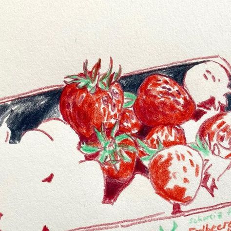 Sabine Fasching on Instagram: "Watching strawberries for 30min. 🔴 SOLD #colourpencildrawing #colourpencilart #sketchbookpractice #sketchingfromlife #fruitdrawing #fruitillustration #worksonpaper #markmaking #stilllifedrawing" Color Pencil Strawberry, Colored Pencil Fruit Drawing, Food Pencil Sketch, Strawberries Drawing, Colored Pencil Doodles, Strawberry Sketch, Strawberry Doodle, Coloured Pencil Art, Strawberry Drawing