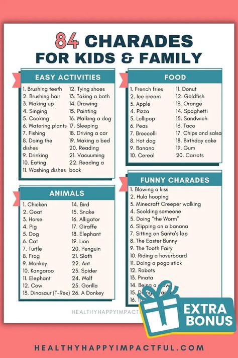 easy and hard charades list for kids game, rules Diy Charades, Kids Charades Ideas, Charades List, Kids Charades, Charades Ideas, Charades For Kids, Charades Game, Game Rules, Kids Game