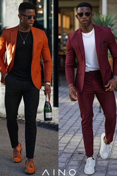 Men Burgundy Outfit, Black Men Birthday Outfit, Red Blazer Outfit Men, Suits And Sneakers, Stylish Mens Suits, Blazer Outfits Men, Mens Business Casual Outfits, Black Men Fashion Casual, Black Men Fashion Swag