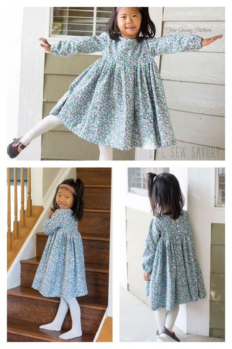 Little Girl's Long Sleeve Sweet Rose Dress Free Sewing Pattern Childrens Clothes Sewing Patterns Free, Free Childrens Sewing Patterns, Sewing Patterns Free Kids, Toddler Dress Pattern Free Sewing, Girls Long Sleeve Dress Pattern, Free Toddler Dress Pattern, Long Sleeve Dress Sewing Pattern, Toddler Dress Pattern Free, Long Sleeve Kids Dress