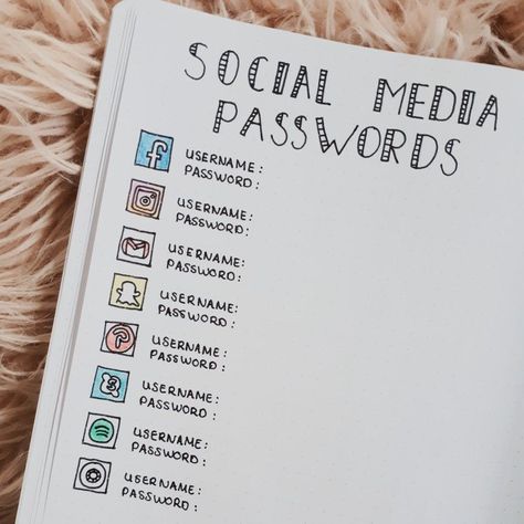 Social Media Password Ideas, Journal Ideas Passwords, Aesthetic Password Ideas, Social Media Passwords, Easy Bullet Journal Ideas, Travel Tracker, Organizer Planner, Meal Planning Ideas, Organization Bullet Journal