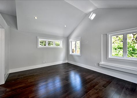 Grey Walls White Trim, Grey Walls Living Room, Cottage Tiny House, Gray Painted Walls, Grey Wood Floors, Hardwood Floors Dark, Gray Walls, Light Grey Walls, Dark Floors