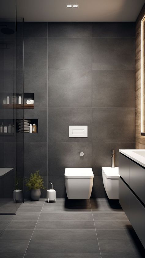 Grey Tone Bathroom, Bathroom Tails Designs, Dark Grey Bathroom Ideas, Black Washroom, Modern Bathroom Design Grey, Brown And Gray Bathroom, Stone Showers, Big Bathroom Design, Dark Grey Bathroom