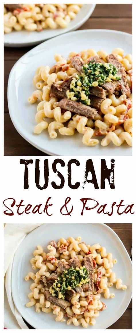 Tuscan Steak and Pasta - This incredibly flavorful Tuscan Steak and Pasta recipe can be on the table in less than 30 minutes! Pasta and sundried tomatoes are covered in creamy alfredo sauce, then topped with steak and lemony pine nuts and fresh basil. Simple, yet impressive, this meal is as perfect for a busy weeknight dinner as it is for entertaining company. | #dlbrecipes #steak #pasta #tuscansteak #alfredopasta Tuscan Steak, Steak And Pasta, Wheat Pasta Recipes, Creamy Alfredo Sauce, Tuscan Recipes, Steak Pasta, Pasta Noodle Recipe, Creamy Pasta Recipes, Sundried Tomatoes