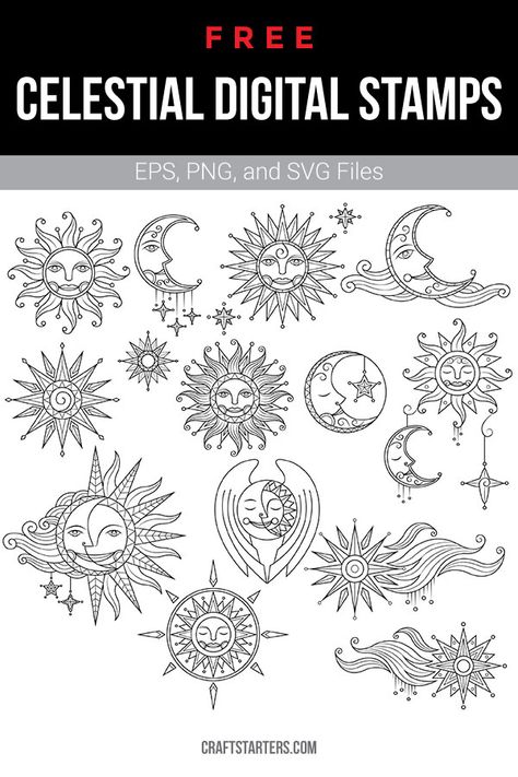 Celestial Svg Free, Witchy Svg Free, Random Designs Pattern, Moon Doodle Art, Bujo Grimoire, Celestial Tattoo Ideas, Black And White Clip Art, Celestial Svg, Celestial Tattoo